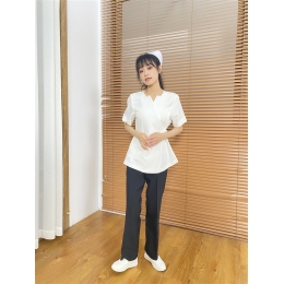 製造美容師工作服 設計V領綁帶診所制服 護士診所 訂護士服 淨色護士服供應商 模特示範 BD-CN-22118